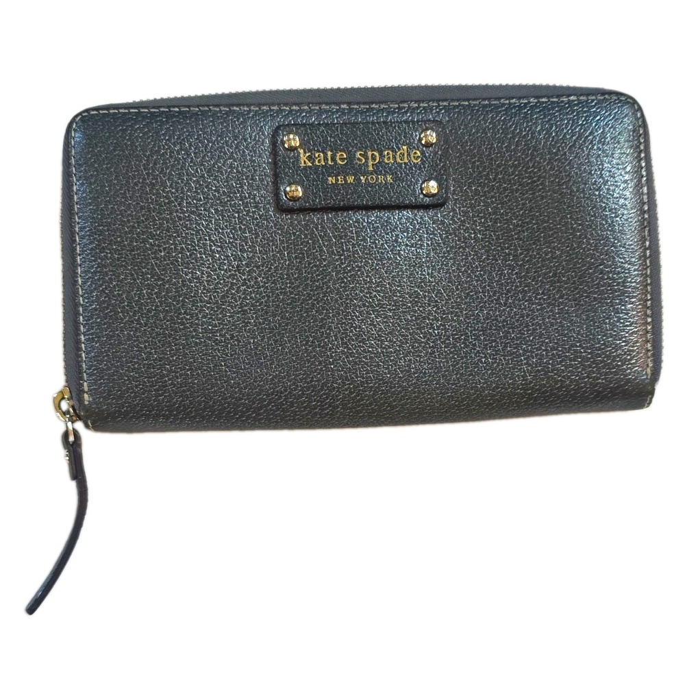 Kate Spade Wellesley Neda Grey Pebbled Leather Zip Around Wallet Polka Dot Int